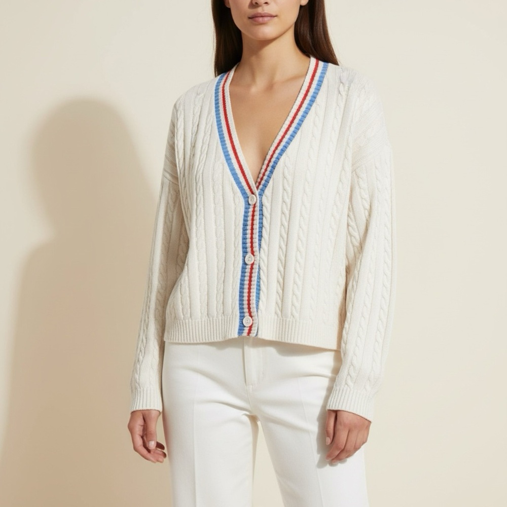 Prince Pickleball Cable Knit Cardigan XL Sweater Crop Ivory Preppy Golf‎ Resort
